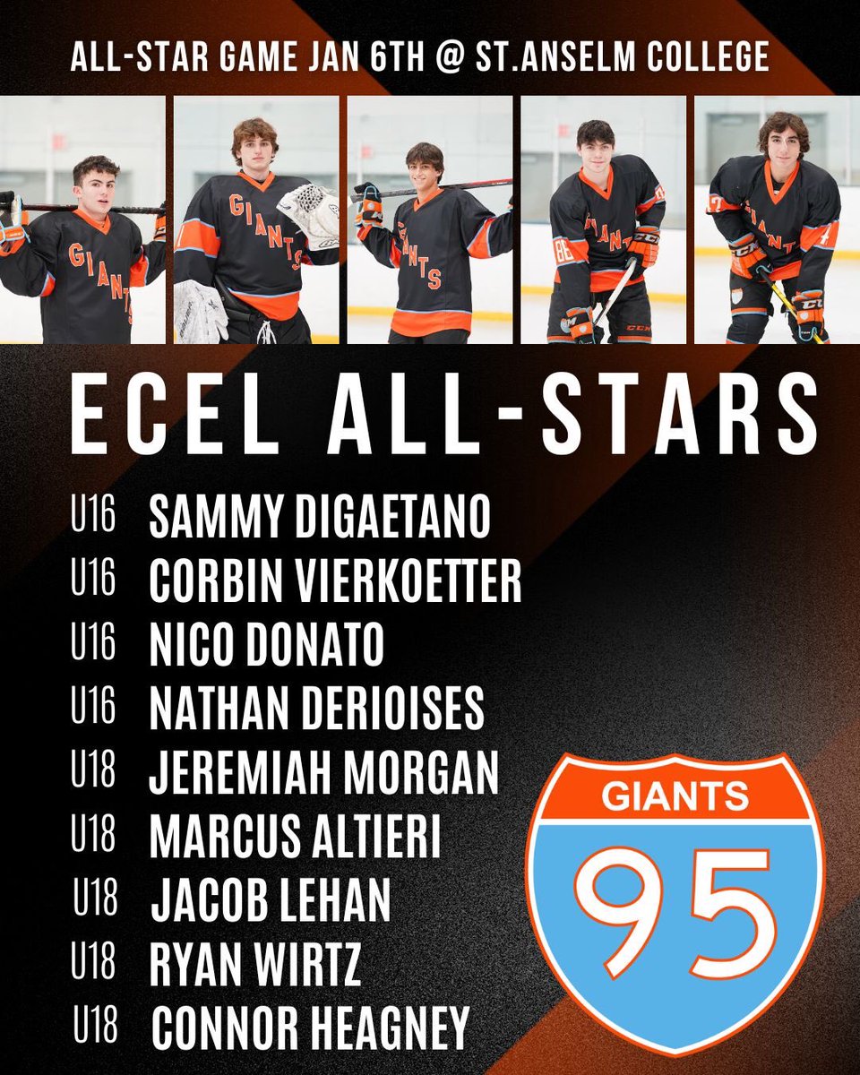 Good luck to the 9️⃣ 95 Giants players who have been selected to participate in tomorrow’s ECEL All-Star Game at St.Anselm College 🔥🏒 #Represent