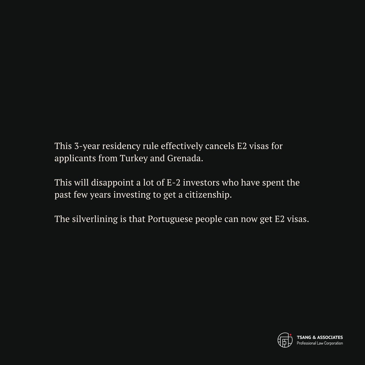 tsangslaw's tweet photo. E-Visa Applicants must have been domiciled in a E visa-eligible foreign country for at least 3 years at any point before applying for an e visa. This 3-year residency rule effectively cancels E2 visas for applicants from Turkey and Grenada. #evisa #e2 #e1 #e2visa #immigration https://t.co/hQXsCYHbhh