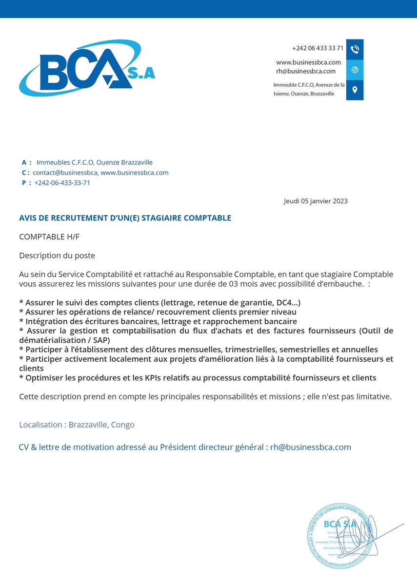 Cyrilbokilo's tweet photo. Avis de recrutements localisation Brazzaville #BCASA https://t.co/lES4pUZTJ1