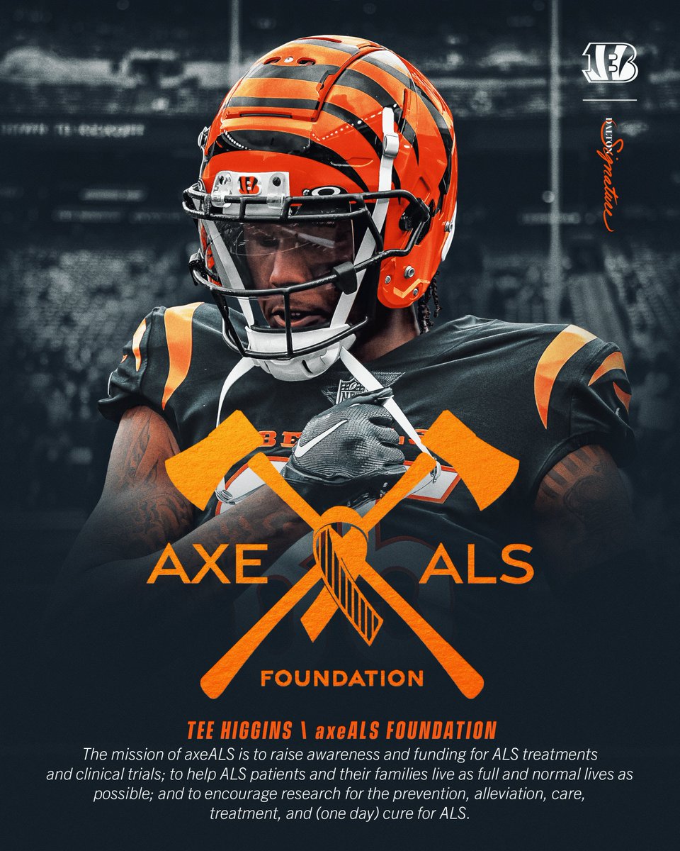 Tee Higgins's chosen charity was AXE ALS. #MyCleatsMyCause
Keep praying for Higgins &amp; Hamlin – nothing but respect for you both. 🙏🏽

✅ axealsgolftournament.org
✅ gofundme.com/f/helping-tee-…

<a href="/HamlinIsland/">𝐃𝐚𝐦𝐚𝐫 𝐇𝐚𝐦𝐥𝐢𝐧</a> | <a href="/teehiggins5/">Tee Higgins⁵</a> 🐅
<a href="/adizlady/">TEEHIGGINSMOM #5 ✋🏽💫</a> #axeALS
#RuleTheJungle 
#BillsMafia