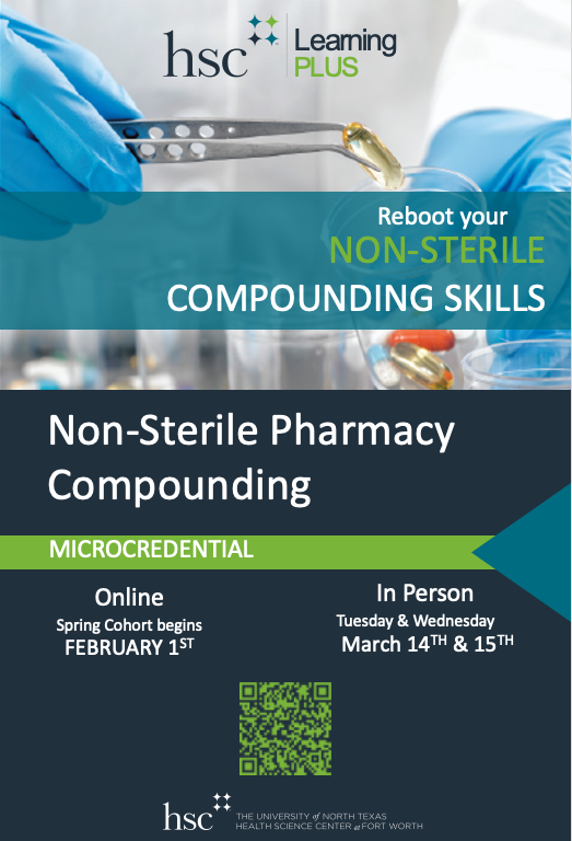 UNTHealth_Pharm's tweet photo. New year, new credentials! Ready to sharpen your compounding skills? 💊 Pharmacists & certified technicians may complete a Non-Sterile Pharmacy Compounding Microcredential Course, Feb. 1 – March 21. https://t.co/0KaViqNmNt
#pharmacycompounding #pharmacists #pharmacytechnician https://t.co/zuvbPdRjD7