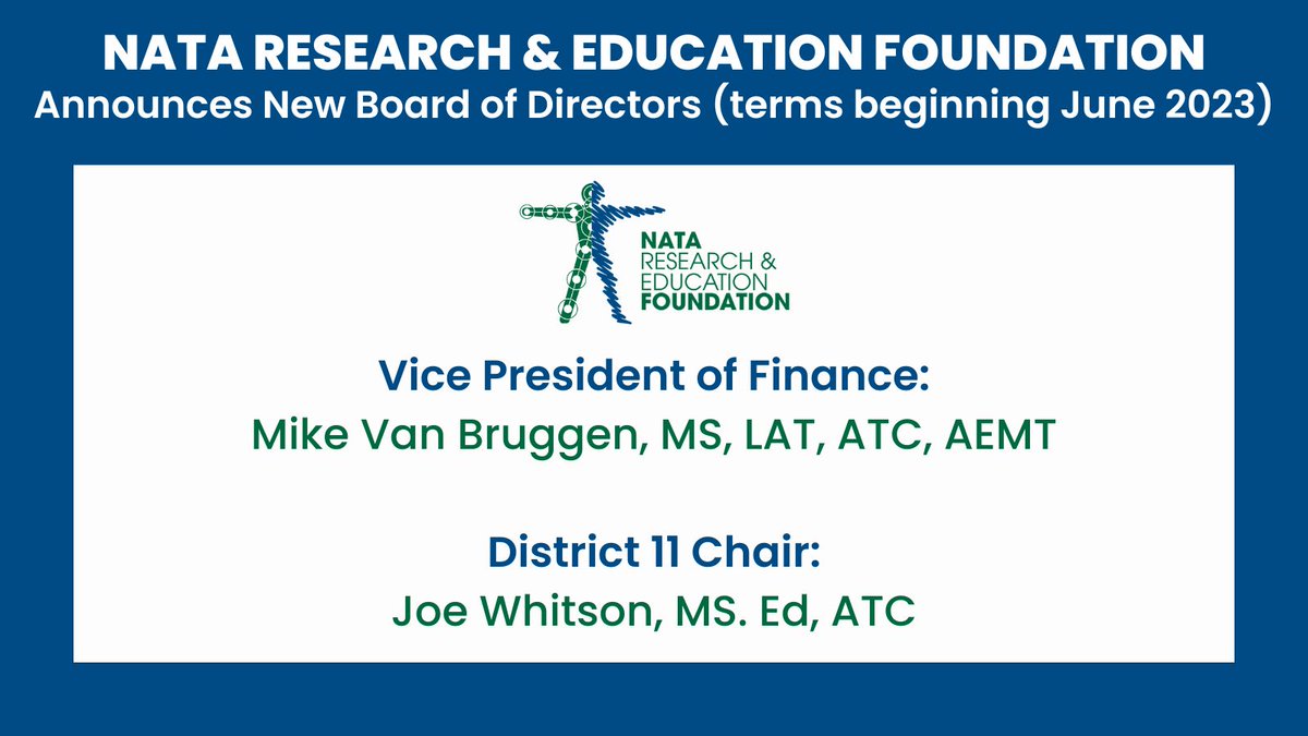 NATAFoundation's tweet photo. The NATA Foundation announces incoming Board of Directors.  

Congratulations to Mike Van Bruggen, MS, LAT, ATC, AEMT @MikeVanBruggen and Joe Whitson, MS. Ed, ATC @jhwhits!

Learn more about the Board of Directors at https://t.co/d63EDoBulN https://t.co/HBmUaEIGPF