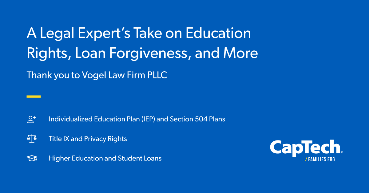APBostic's tweet photo. CapTechListens: CapTech Families ERG had the pleasure of hosting Vogel Law Firm PLLC for a discussion around education rights and loan forgiveness. Thank you @vogelpllc! Learn more about CapTech's ERGs here: https://t.co/HMZxknV1CH https://t.co/4M9fUXhDts