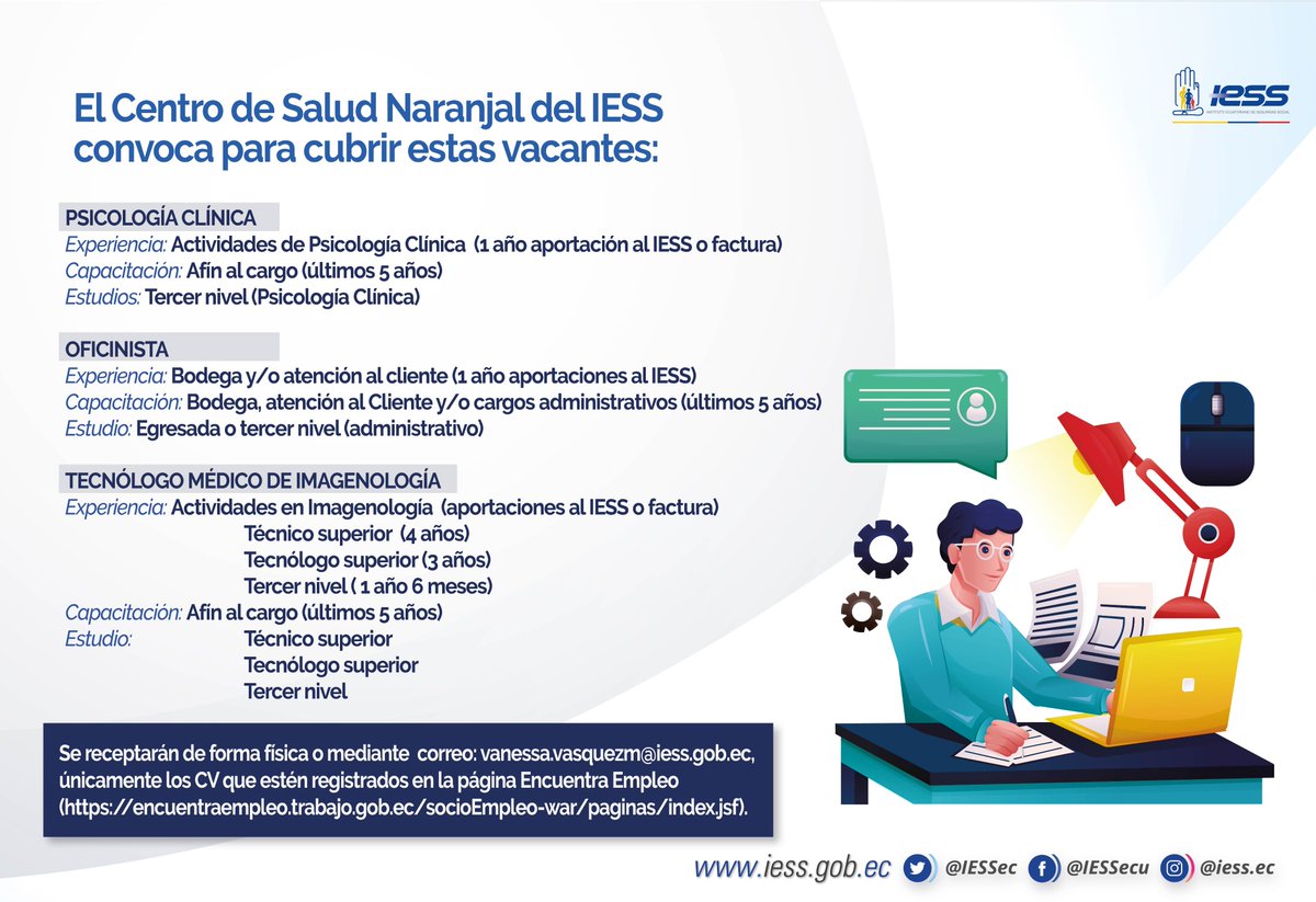 IESSGuayas's tweet photo. #Guayas | El Centro de Salud Naranjal ofrece oportunidades laborales para: Psicología Clínica, Oficinista y Tecnólogo Médico de Imagenología. Aquí la información. https://t.co/qQ0xTvE841