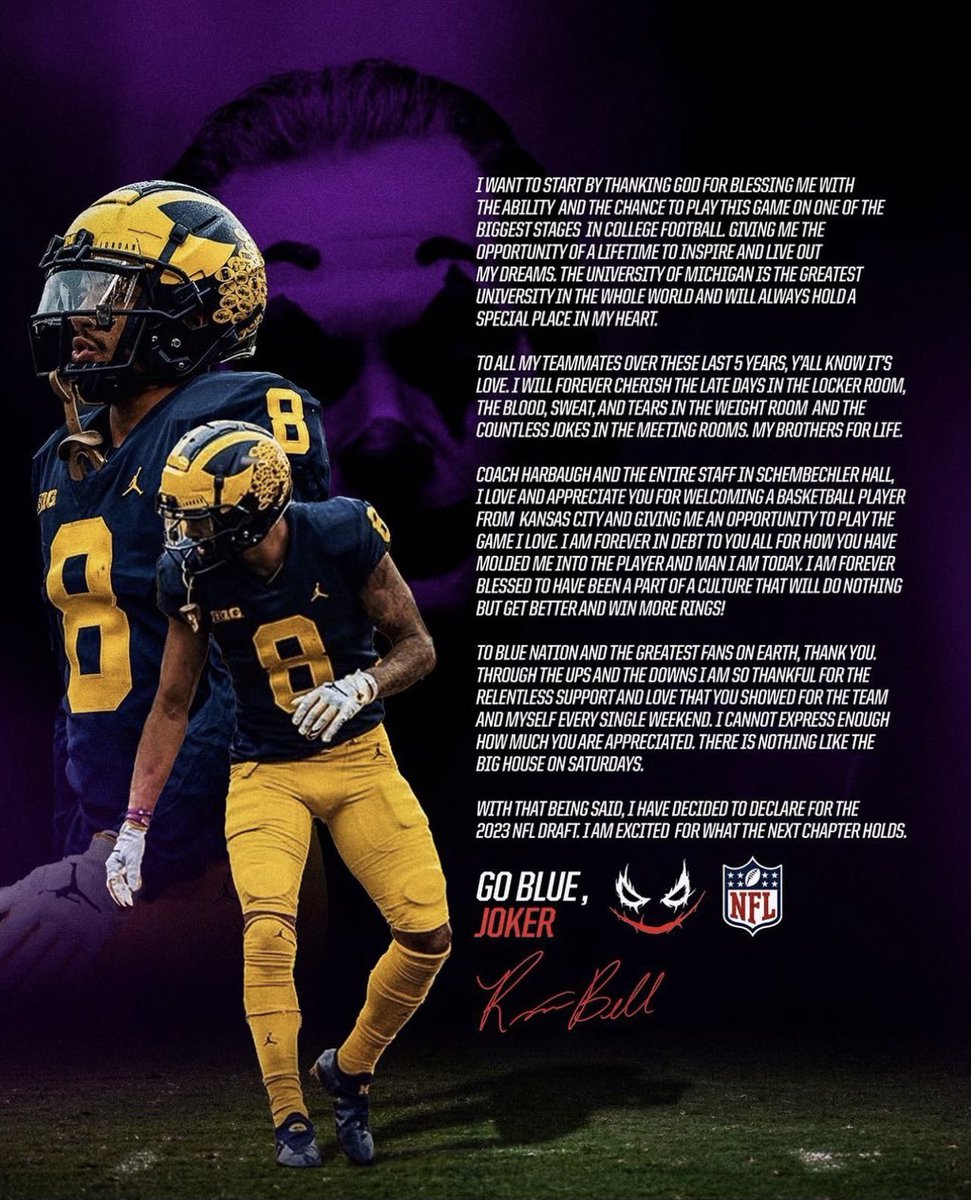 UMGoBlog's tweet photo. Ronnie Bell has declared for the 2023 NFL Draft via his Instagram 〽️ #GoBlue https://t.co/LGb0EFB0SB