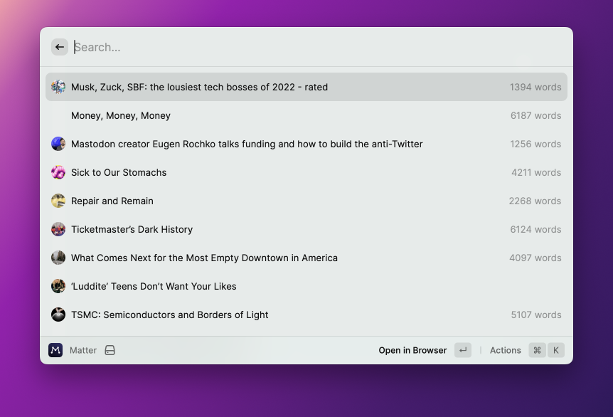 zheano's tweet photo. Hey, @matter is now (unofficially) also available as a @raycastapp extension! I'm so excited about releasing this 🎉! 

https://t.co/V0FkhK09U1 https://t.co/9iuYJuKFpw