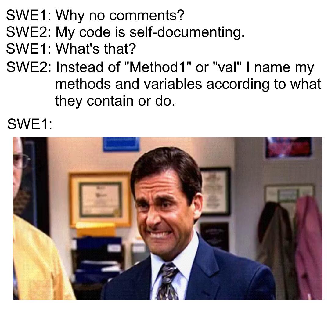 _fullstackdev__'s tweet image. Self-documenting code - reddit.com/r/ProgrammerHu… #coding #programmerhumor