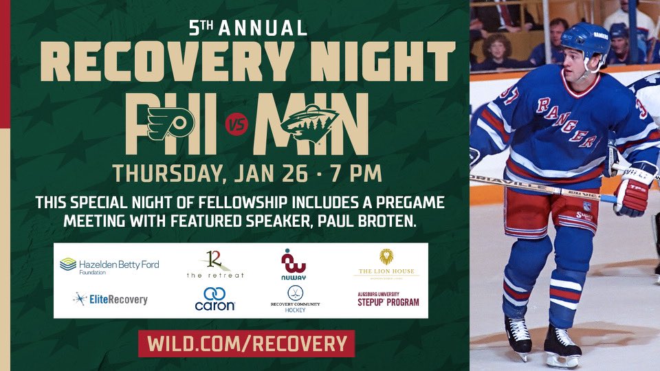 Please join me on the 26th for Wild Recovery Night! I can’t wait to hear my friend and legend Paul Broten tell his story! wild.com/recovery