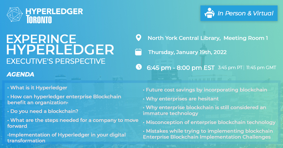 🔵 Register online for this event happening Jan 19/2023
🔵 Agenda &amp; Topics of Discussion below.

meetup.com/hyperledger-to……   

#blockchain #blockchaintechnology #hyperledger #hyperledgerfoundation #linuxfoundation #hyperledgertoronto #event #meetup #networking #consulting