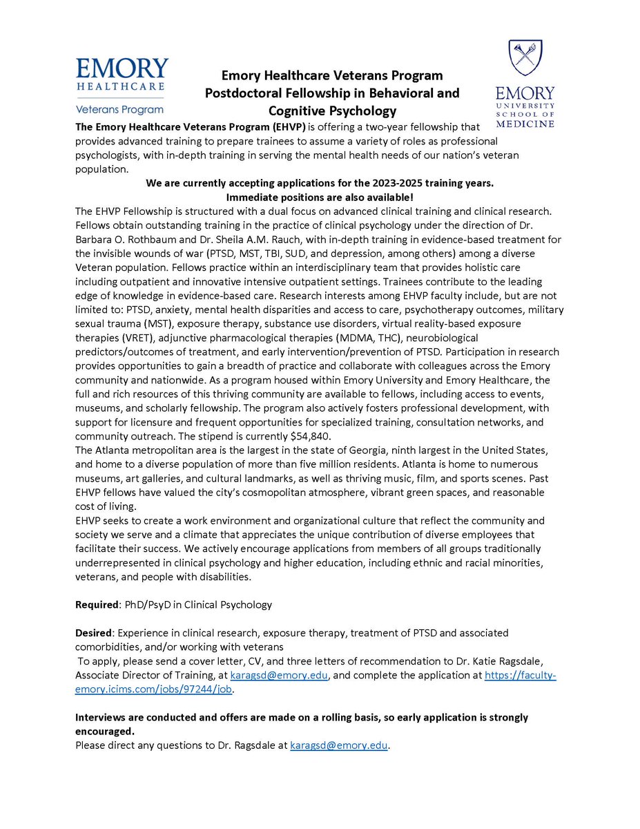 Excellent 2-year PTSD Treatment Postdoctoral Fellowship in clinical research with Emory Healthcare Veterans Program!!! Looking to make selections quickly for ASAP start and September 2023 start. #innovating #PTSD