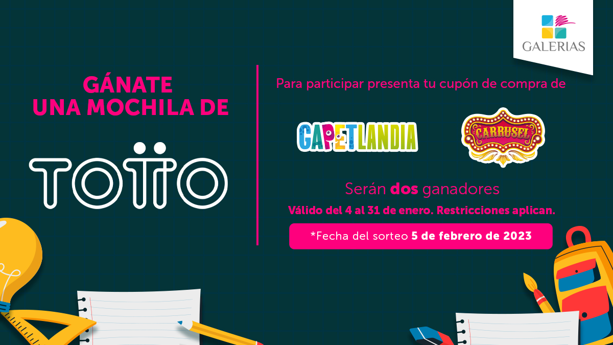 galeriassv's tweet photo. ¡Gánate una mochila de TOTTO! 

Para participar presenta tu cupón de compra de Gapetlandia o Carrusel en Totto, Tercer Nivel, Galerias.  

*Restricciones aplican https://t.co/fjGmTFn2uj