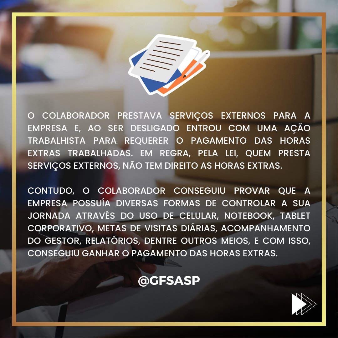 gfsaadv's tweet photo. 👉🏻 PROPAGANDISTA GANHA HORAS EXTRAS
.
Confira esse caso em que o Colaborador ganhou por conseguir comprovar seu controle de jornada.
.
#gfsa #trabalhista #propagandista #horasextras #trabalhoexterno #direitotrabalhista #justicadotrabalho #TST #saopaulo #vendedor https://t.co/UYMBkTsioD