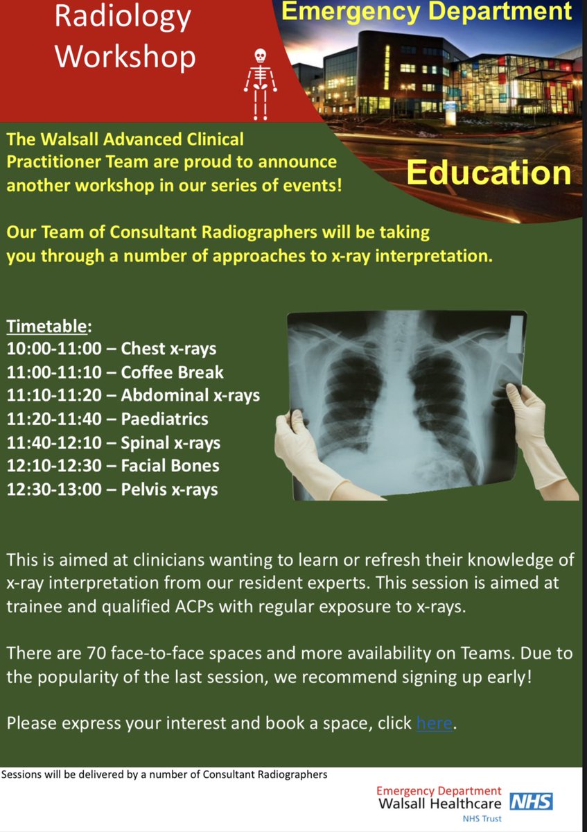 Pete Chessum (@leadacp) on Twitter photo The next teaching day organised by the ACP team <a href="/WalsallHcareNHS/">Walsall Healthcare</a> is on the 23/1/22. Our consultant radiographers will be going through how to interpret XRs with interesting cases. Perfect for both novice and more experienced staff….
Sign up docs.google.com/forms/d/e/1FAI… The next teaching day organised by the ACP team <a href="/WalsallHcareNHS/">Walsall Healthcare</a> is on the 23/1/22. Our consultant radiographers will be going through how to interpret XRs with interesting cases. Perfect for both novice and more experienced staff….
Sign up docs.google.com/forms/d/e/1FAI…