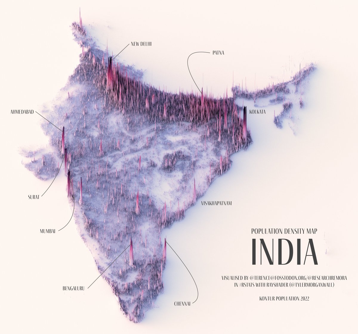 Also had lots of requests for this one: a population density map of India. This was by far the longest render. 

Well, except for furry France, which still holds the record. 

#rayshader adventures, an #rstats tale