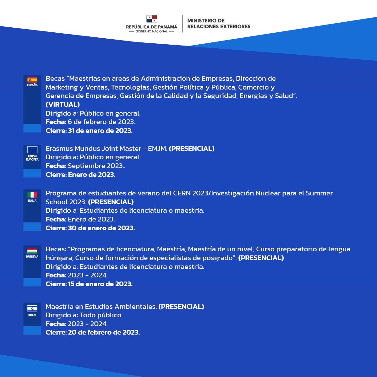 ¡Vive la experiencia de estudiar en el extranjero! Aprovecha las oportunidades en becas internacionales para tu formación y crecimiento profesional. 📚 
💡 Infórmate en mire.gob.pa/ministerio/bec…
📧 becaspasantias@mire.gob.pa 
#PanamáSigueCreciendo