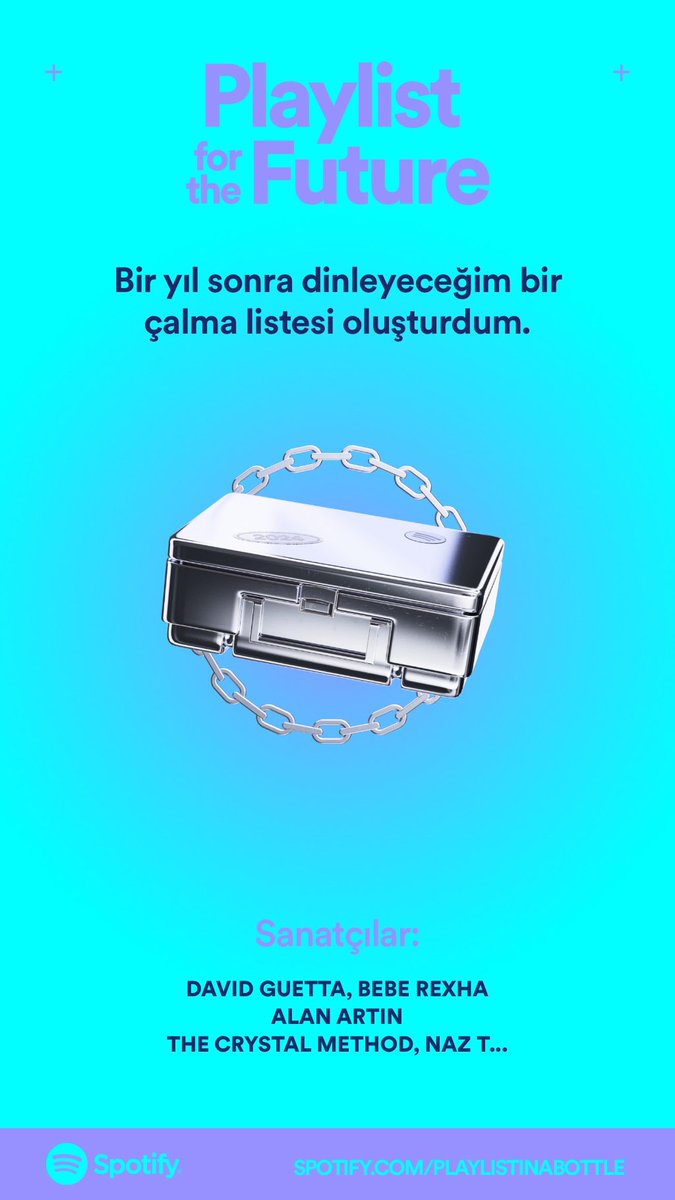 ertan_kul's tweet photo. 2024’te açacağım müzikli bir zaman kapsülü oluşturdum.
Spotify’dan Playlist for the Future ile kendi listeni oluştur: https://t.co/W3eB4WjgxH
#PlaylistinaBottle https://t.co/44uTICuUcl