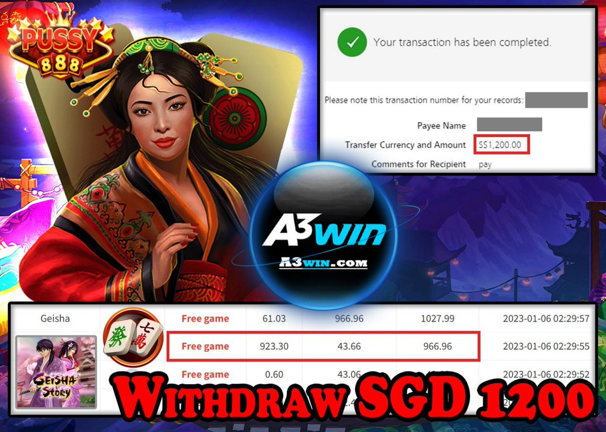 A3winA's tweet photo. 🇸🇬𝐂𝐨𝐧𝐠𝐫𝐚𝐭𝐮𝐥𝐚𝐭𝐢𝐨𝐧𝐬🇸🇬

🎰Game : PUSSY888
🎮Game Tips : Geisha
💲Deposit : SGD 50
🏧Withdraw：SGD 1200

🧬 𝗟𝗜𝗡𝗞👉🏻 https://t.co/8mHEUqhblV

#A3win #Australia #casino #slotgame #Pokies #FreeCredit #FreeGame #jackpotshipping #BestCompany https://t.co/uBxspJXOGK