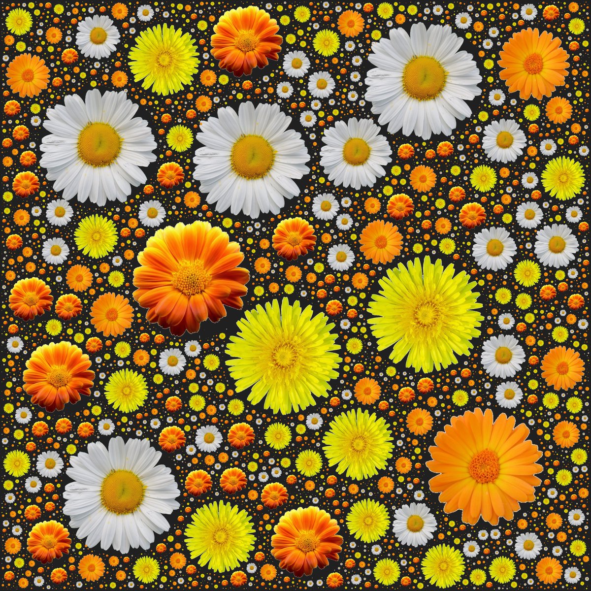 #circlepacking #circlepack #flowers #dandelion #daisy #orangeart #yellowart #whiteart #blackart using #goldenratio #javascript #GIMP #photos #generative #procedural
