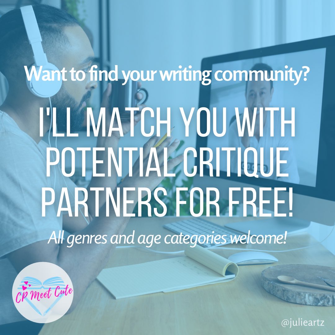 It’s time for Round 4 of #cpmeetcute! Let me walk you through my time-tested critique process and match you with other like-minded writers. Register here: pages.julieartz.com/meet-cute