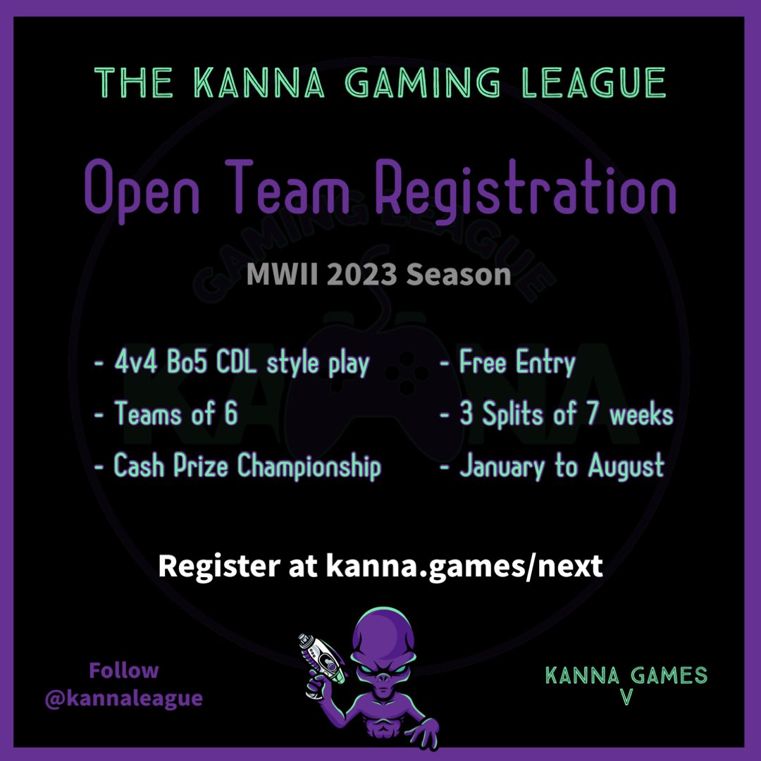 Team registration is open for the next KGL season. Bring the squad. #mw2 #cod #esports 

 Sign up at kanna.games/next