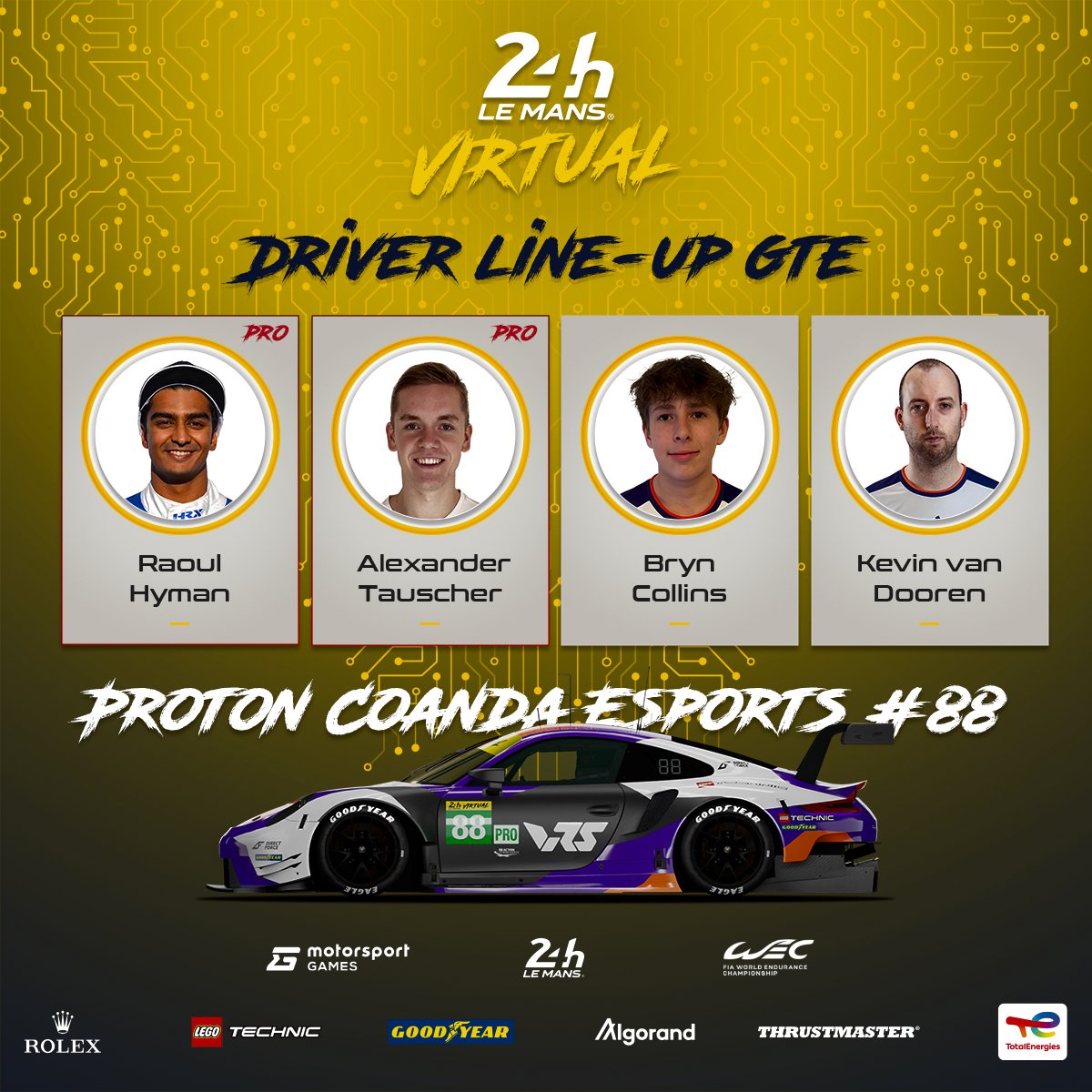 LeMansVirtual's tweet photo. 🌐24 Hours of #LeMansVirtual 2023🌐
GTE Team Line-up - #88 - @ProtonRacing @CoandaEsports

🏎️ Pro Drivers: @RaoulHyman / Alexander Tauscher
🕹️ Sim Drivers: Bryn Collins / @KvDooren

📍 Team Base: 🇩🇪
📊 Championship Standings: P15
📈 Best Result this Season: P11 https://t.co/qpbB5V3COm