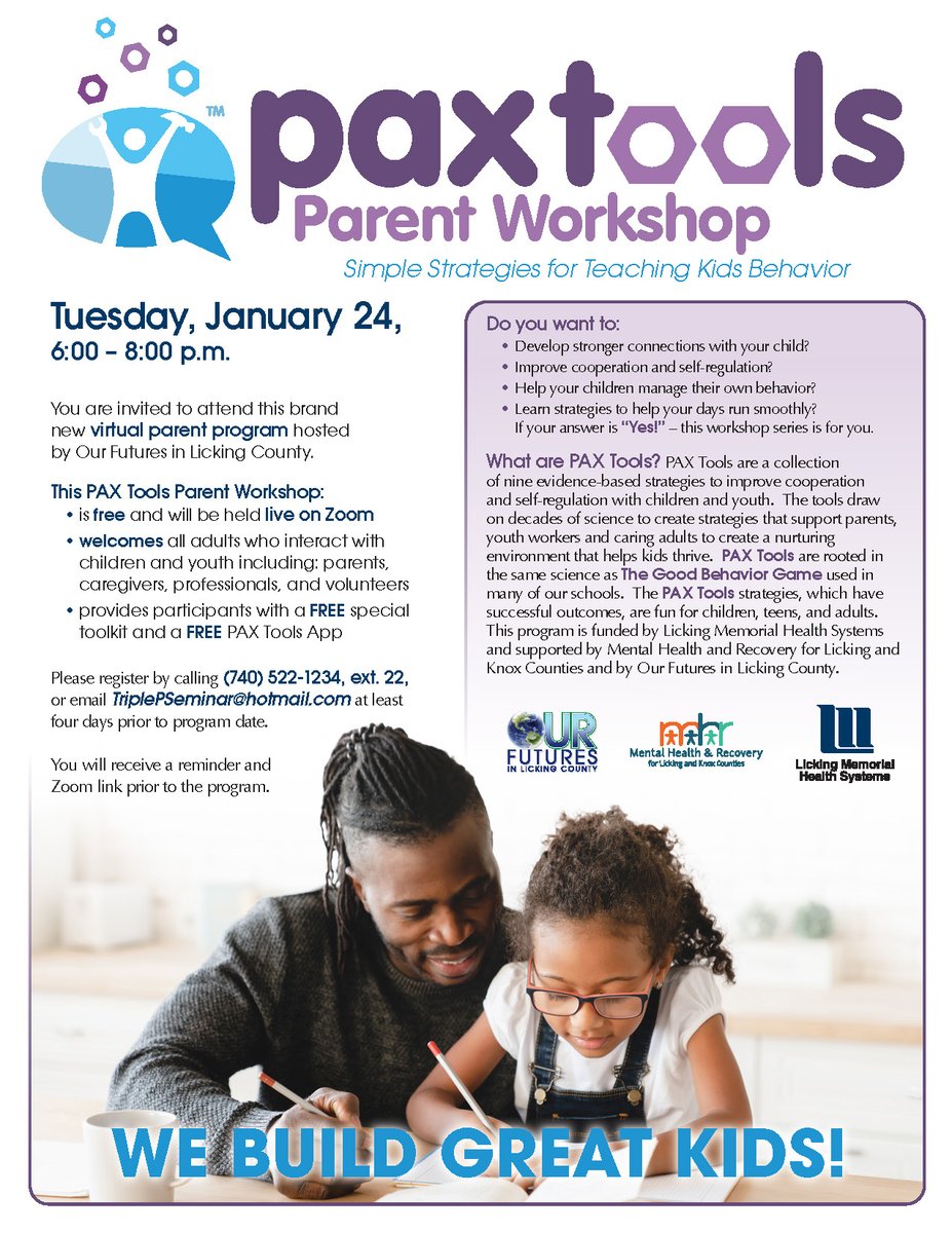 Newark_Schools's tweet photo. The PAX Tools Parent workshop will be held from 6 to 8 p.m. on Tuesday, Jan. 24. This virtual parent program is being hosted by Our Futures in Licking County, and will be held for free on Zoom. https://t.co/chA7AmUFvj