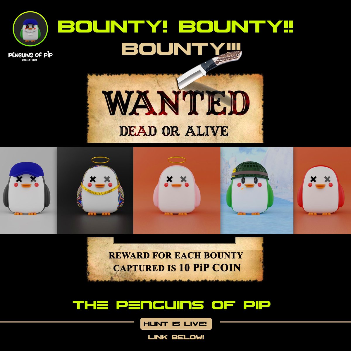 PenguinsPiP_'s tweet photo. It’s Hunt Time!!!! 🚨🚨

From 600-650 we are looking for this Crooks they are wanted dead or alive and the reward for each Bounty is @PenguinsPiP_ 10pip coin 🪙, let the hunt begins click link below 👇 to hunts.

🌐https://t.co/dtLBreh5fo

🌐 https://t.co/CCdbKRM1pO

#bounty https://t.co/qQeka2wpIt
