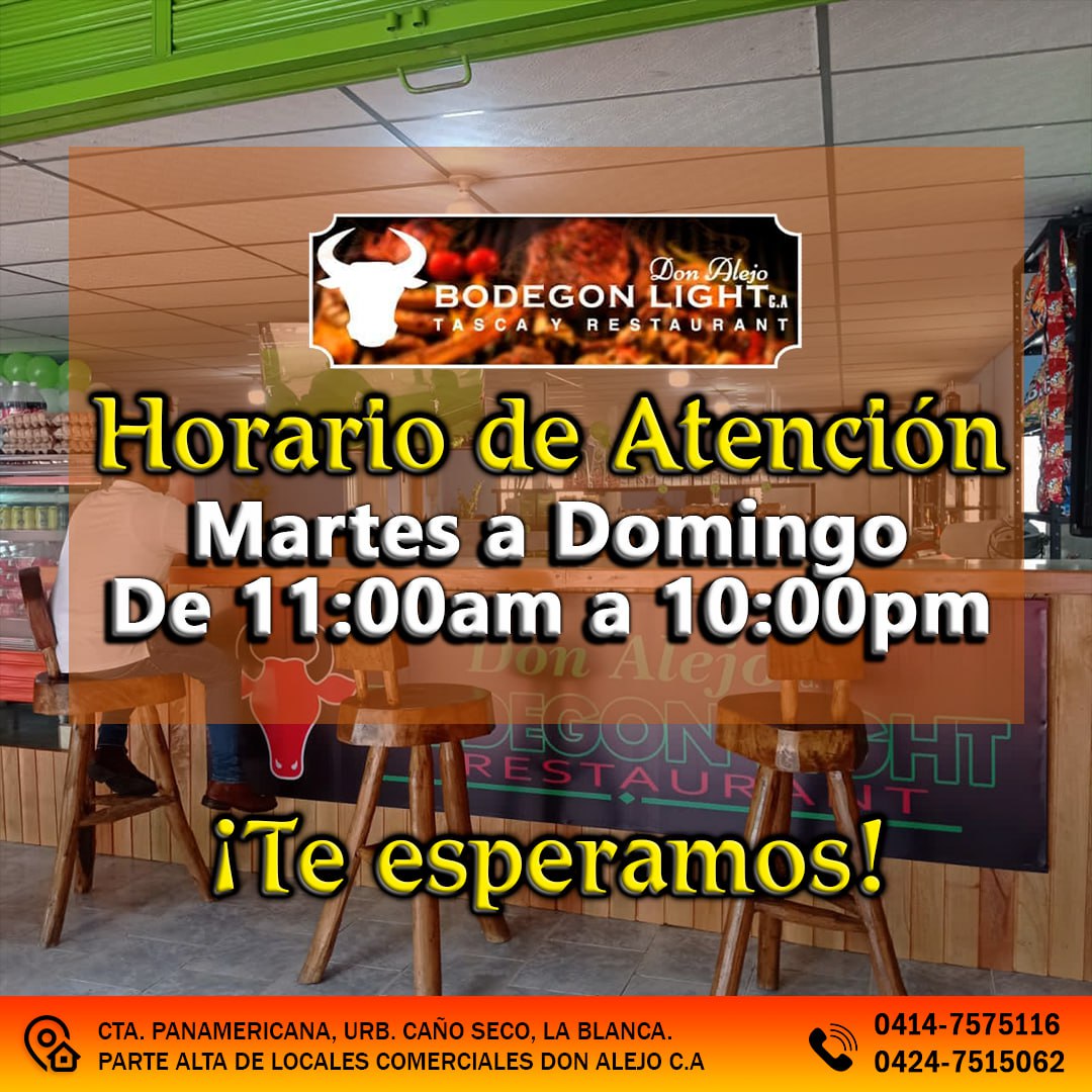 Estamos ubicados en:

La Panamericana, local Nro 1-84 Urb. Caño Seco, La Blanca, El Vigía estado Mérida.

#ElVigía #SurDelLago #Carnes #Pollo #Asados #Churrasco

Contáctanos 📲
(0424) 7515062
(0414) 7575116