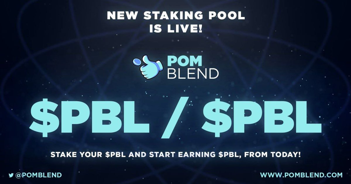 Hello PomBlenders! The $PBL/$PBL Staking pool is live on ETH! 🔥 🔥 Stake your $PBL to start earning $PBL! 🔥 APR will start on 10,000% 🔥 Early Withdrawal Fee: 3 Days app.pomblend.com/staking Enjoy your $PBL profits!