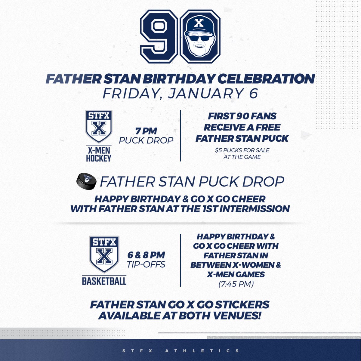 The celebration countdown is on for Father Stan’s 90th!

Join us in the rink &amp; on the court tomorrow night for birthday festivities — game tickets are still available at goxgo.ca/tickets #goxgo

⬇️