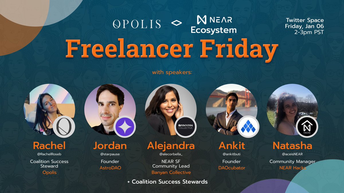 HAPPY 2023🎊

Our 1st #FreelancerFriday this year will include projects &amp; leaders in the <a href="/NEARProtocol/">NEAR Protocol</a> ecosystem📢

🌟<a href="/starpause/">Jordan ✨🐾 乔丹 ⁹ᵈ</a> from <a href="/AstroDao/">Astro DAO Launcher</a> 
🌟@alecorbella_ from @BanyanUS 
🌟 <a href="/ankitbuti/">Ankit Buti</a> from <a href="/DAOcubator/">DAOcubator</a> 
🌟 <a href="/AceisNEAR/">Ace</a> from @NEARHACKS 

See you there✌️
x.com/i/spaces/1YqKD…