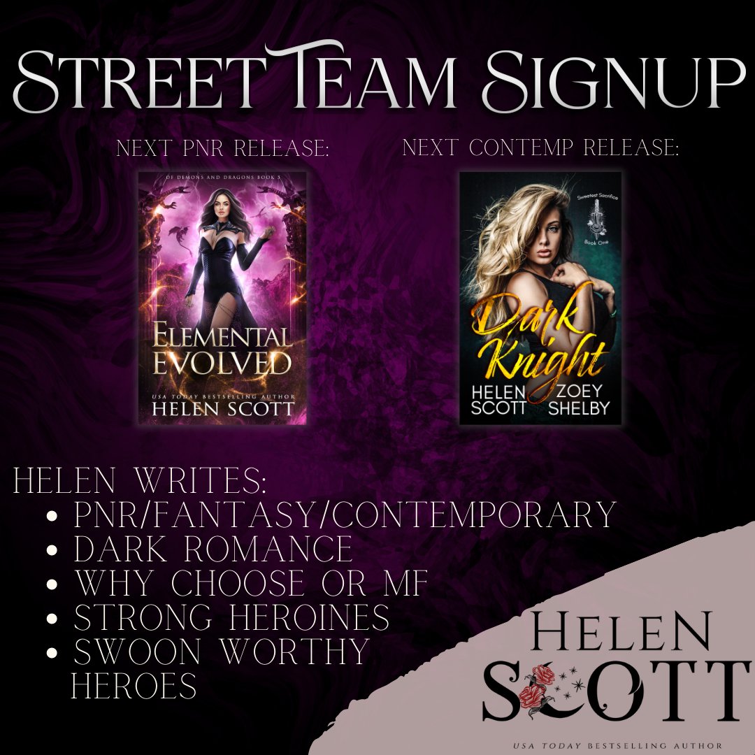 𝙎𝙩𝙧𝙚𝙚𝙩 𝙏𝙚𝙖𝙢 𝙎𝙞𝙜𝙣𝙪𝙥𝙨 𝙖𝙧𝙚 𝙣𝙤𝙬 𝙤𝙥𝙚𝙣!

We’re looking for readers who are excited to help us share my work. If this is you, check out the link below for all info:

airtable.com/shrDGuCpVQdK2H…

🖤

#helenscott #streetteamsignup #darkromancereader #indieauthor