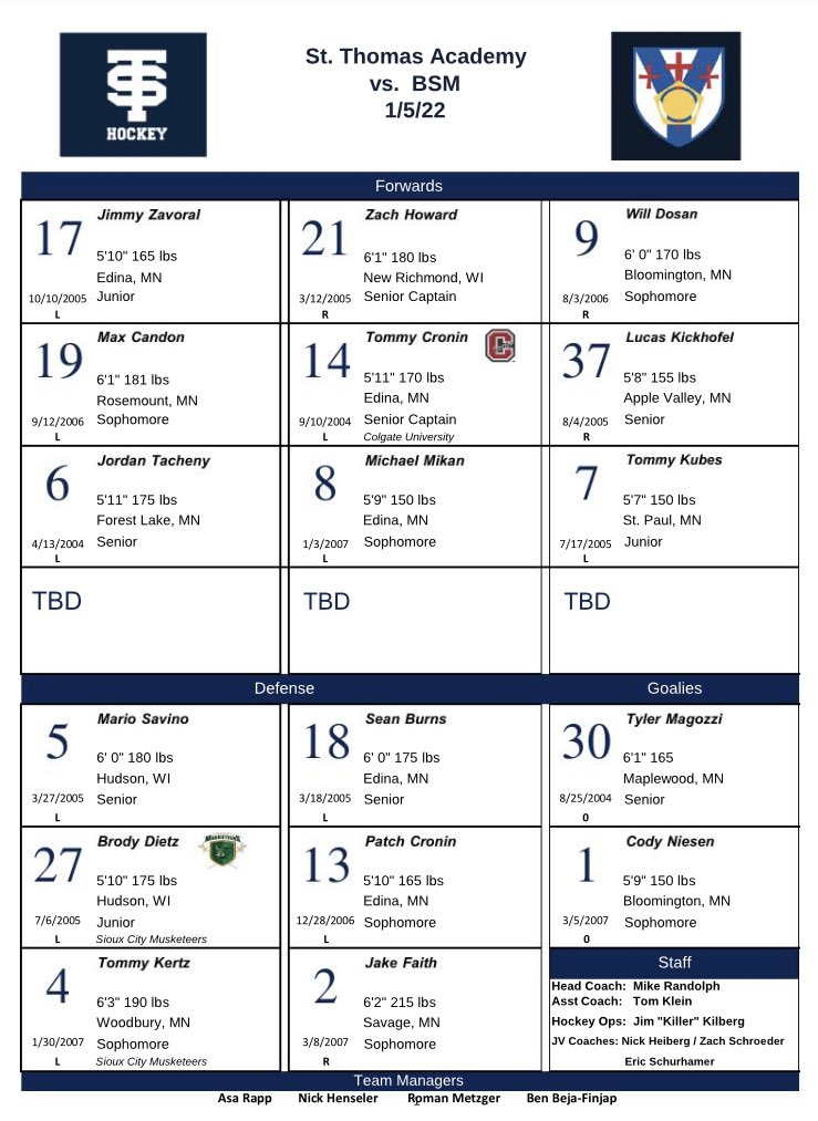 STA Cadets Hockey on Twitter "Tonight’s lineup Cadets vs BSM
