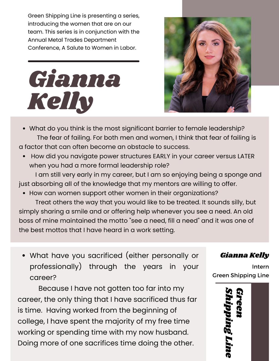 This is GSL’s last presentation in our Women in the Workforce series; Meet Gianna Kelly! 

#transportation #GreenShippingLine #GSL #AmericanMaritime #GreenFleet #CreateJobs #LimitlessBenefits #PursuetheFuture #AlleviateGridlock #ReducePollution #GSLBlog #Blogger #Sustainability
