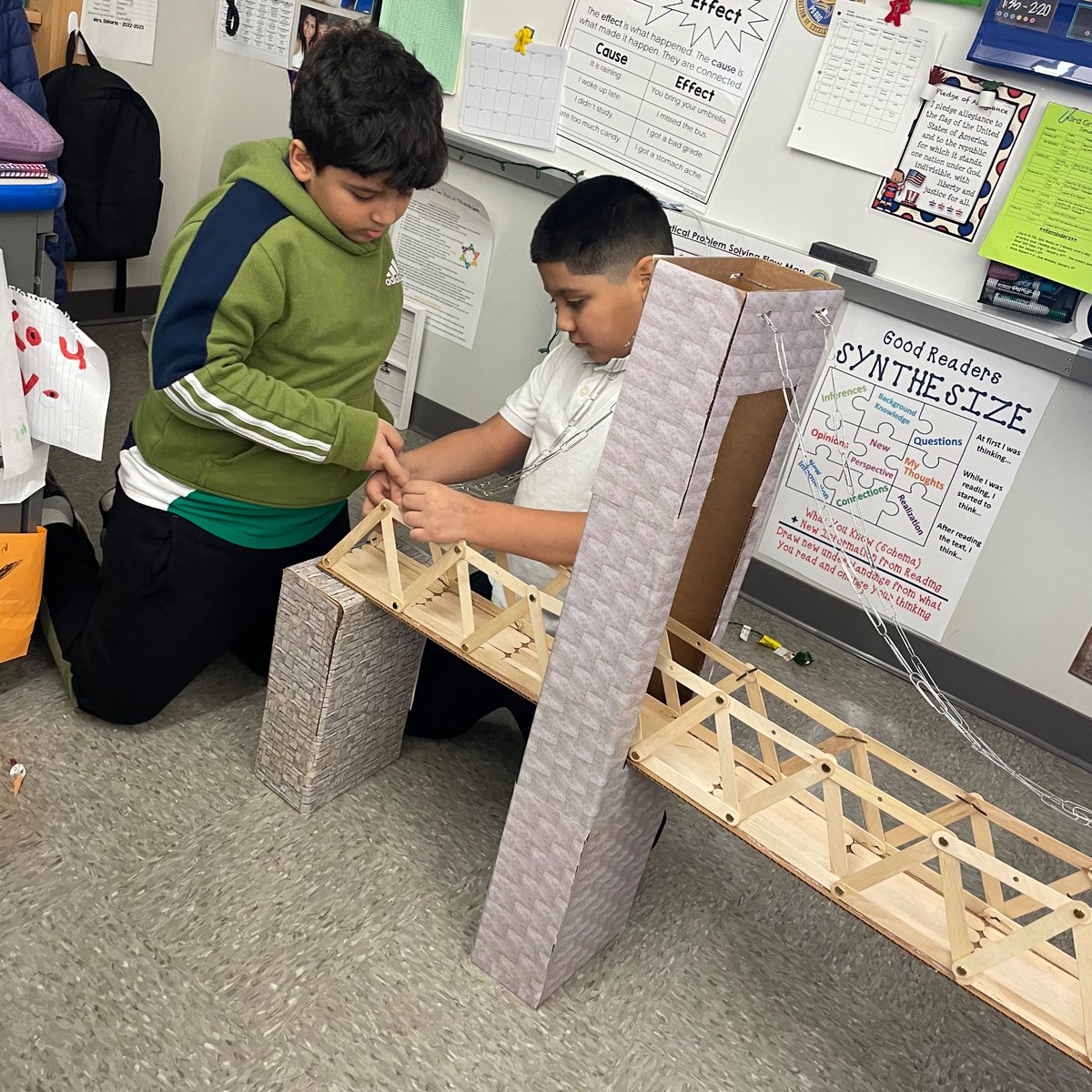Today we completed our Truss Suspension Bridge. We worked so hard the last few months on this! We learned so much about bridges and how important they are! Come See our bridge on display on the 3rd floor 👍🏼👍🏼 <a href="/PS66JKO/">JKO Elementary</a>