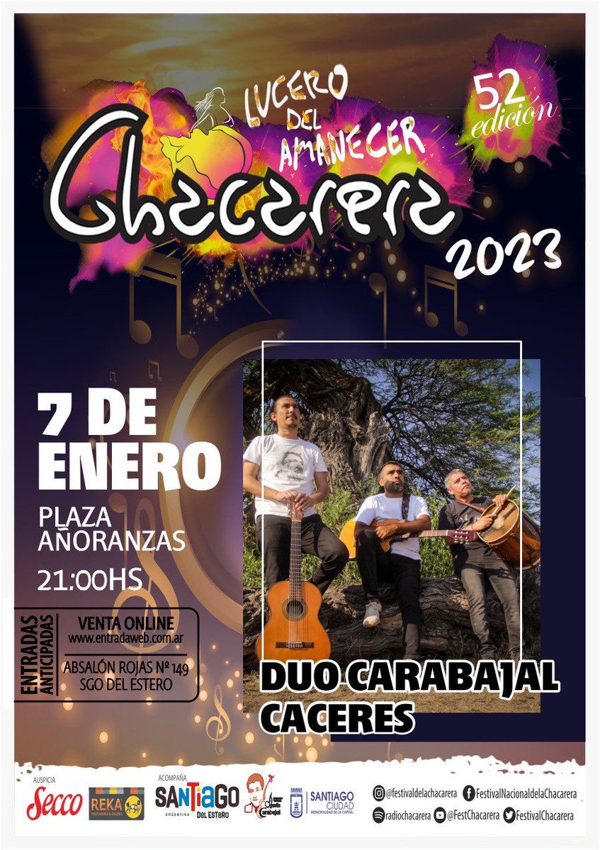 🎶 Vení a disfrutar de una noche de baile, amigos y una gran grilla de artistas

✅ #DuoCarabajalCaceres estarán presentes en nuestro escenario

🗓️ 7 de enero en Plaza Añoranzas a las 21:30hs

🎫 entradas en: Absalon Rojas 149 o en entradaweb.com.ar