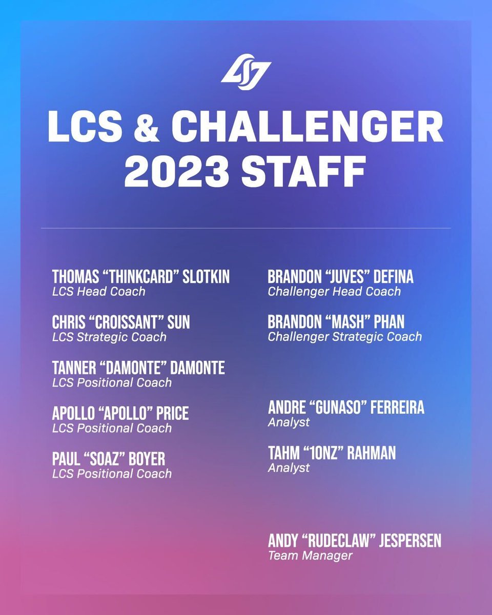 Introducing our #LCS and Challenger coaching staff for 2023:

<a href="/Thinkcard/">Thomas Slotkin</a> <a href="/CroissantLoL/">Chris</a> <a href="/Damonte/">Damonte</a> <a href="/ApolloPrice/">Apollo</a> <a href="/sOAZ/">Paul Boyer</a> <a href="/SINJuves/">Brandon</a> <a href="/DontMashMe/">Mash</a> <a href="/1onzzz/">ionz</a> <a href="/Rudeclaw/">Andy Jespersen</a>

#CLGWIN #CLGFIGHTING