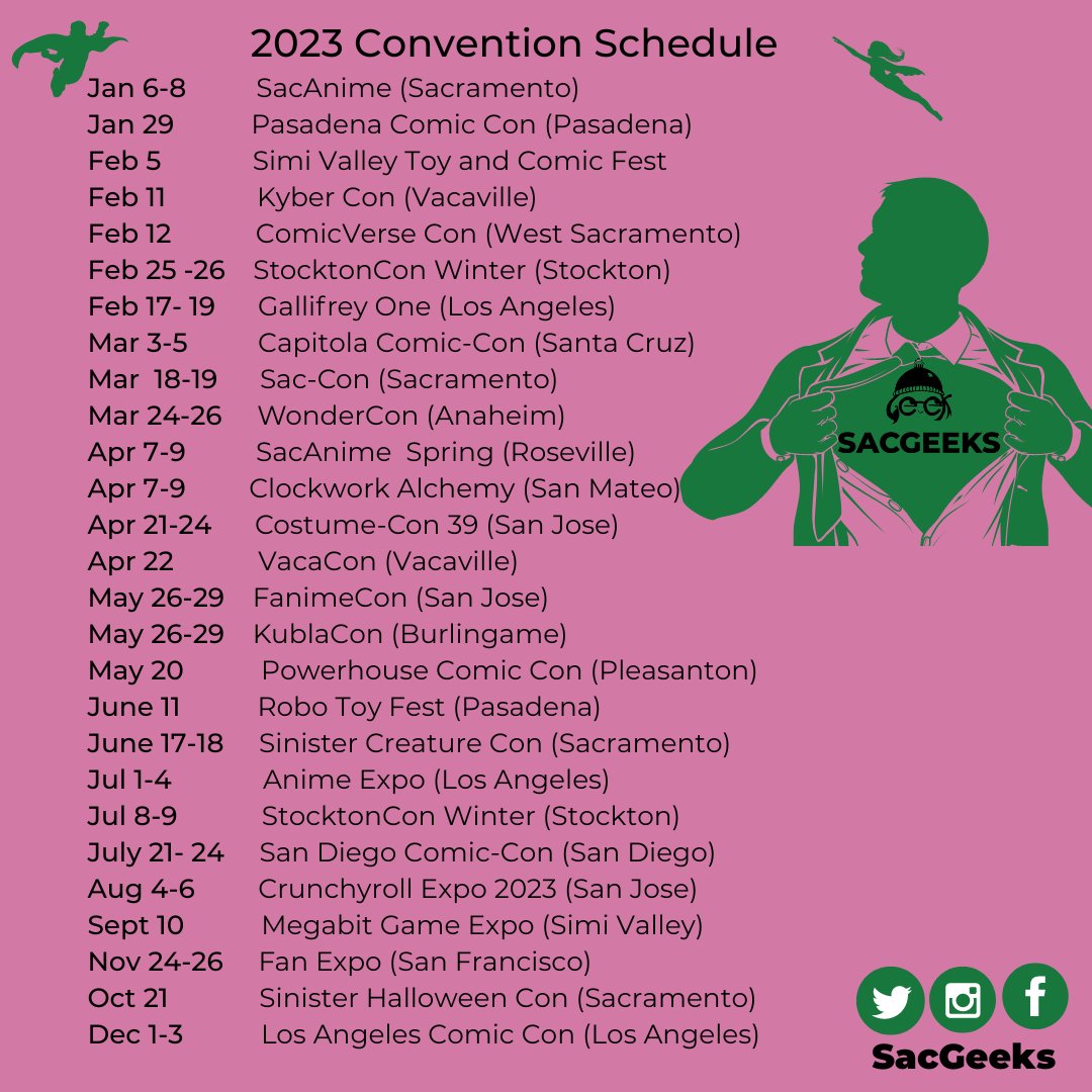 Updated convention schedule with the newly added Kyber Con happening on Feb 11th in Vacaville.

#comiccon #comics #convention #sacgeeks #geeks #cosplay