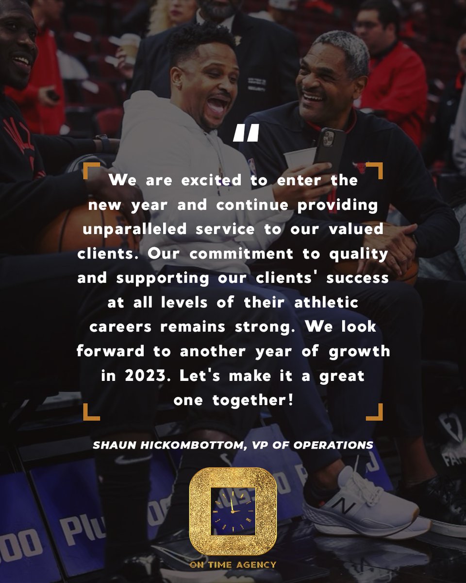 ontimeagencygrp's tweet photo. It's a new year, but it's the same mission for us: to provide the highest quality of representation. Enjoy this message from our VP @SDotBottoms. Here's to making dreams a reality and making the most of every moment in the year ahead. #newyear #newyearvision #2023goals ๐ https://t.co/tmuKfOZx92