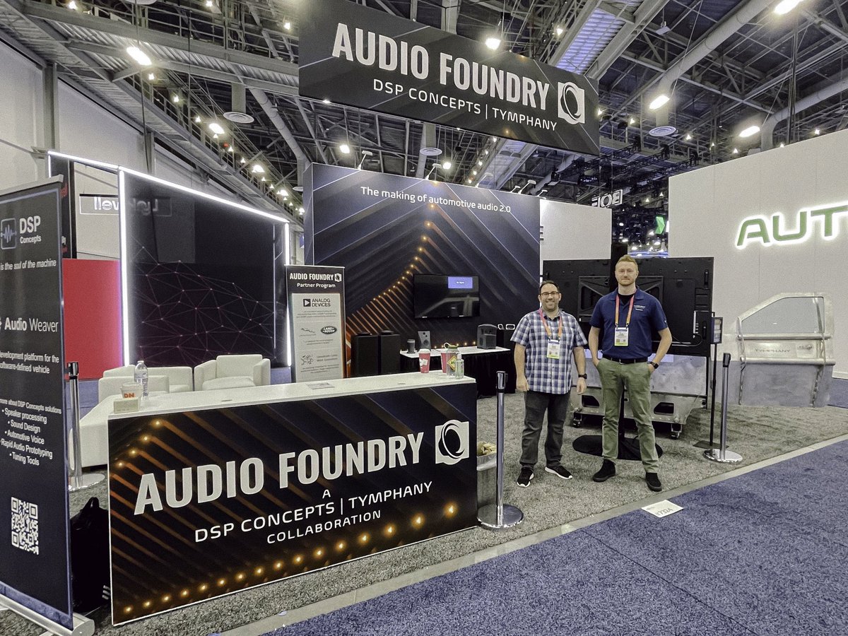Tymphany's tweet photo. Get an exclusive first look at the Audio Foundry, a collaboration brought to you @Tymphany and @DSPConcepts featuring the #Rig and powered by #AudioWeaver 
 
Experience the making of automotive 2.0 at #CES2023! 
 
#tymphany #peerless #dspconcepts #audiofoundry #ces https://t.co/UinvhZdN6N