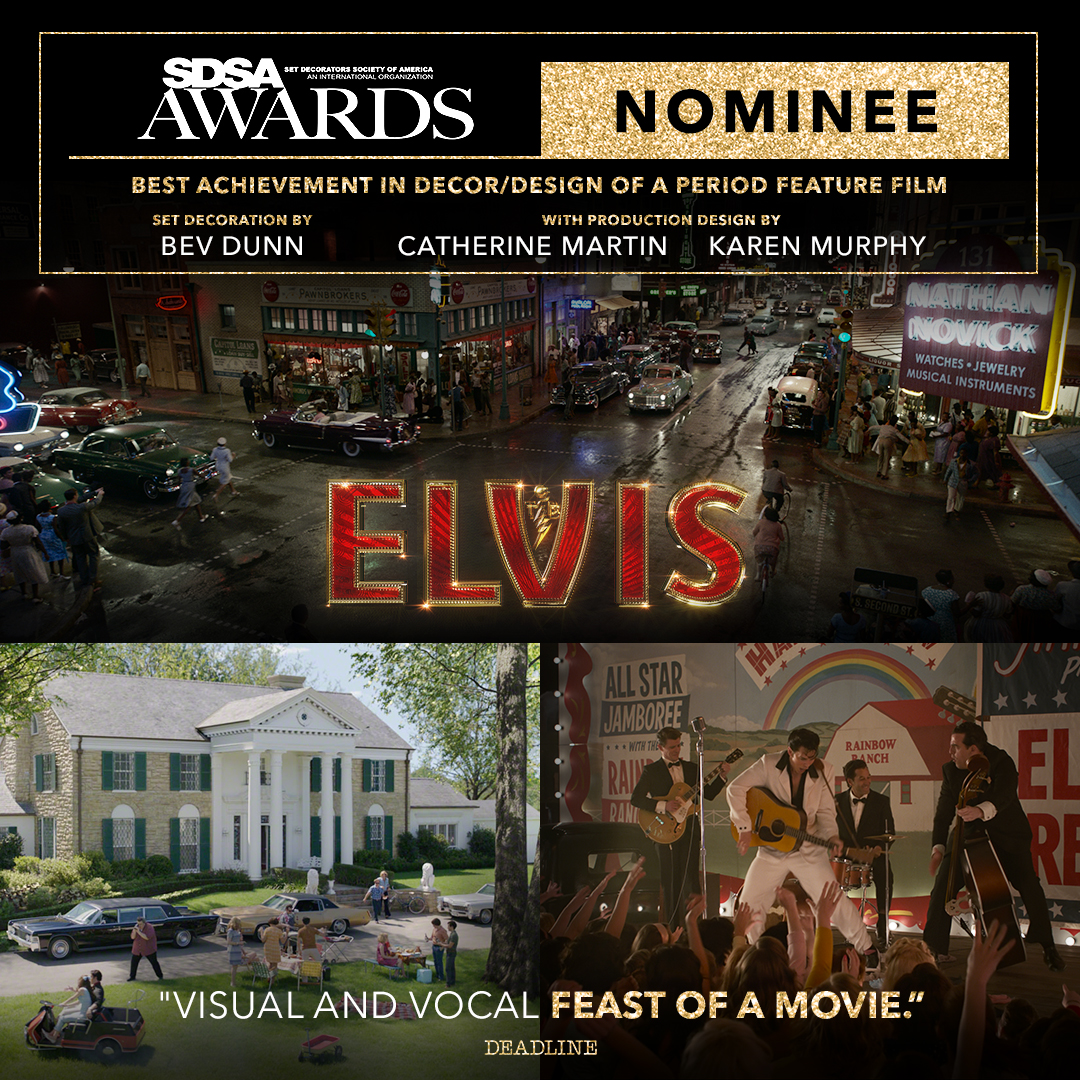 This team went above and beyond to recreate the world of our rock and roll legend. Congratulations to the set decorating team of #ElvisMovie on being nominated for Best Achievement in Decor/Design of a Period Feature Film by the <a href="/OfficialSDSA/">Set Decorators Society of America</a>!