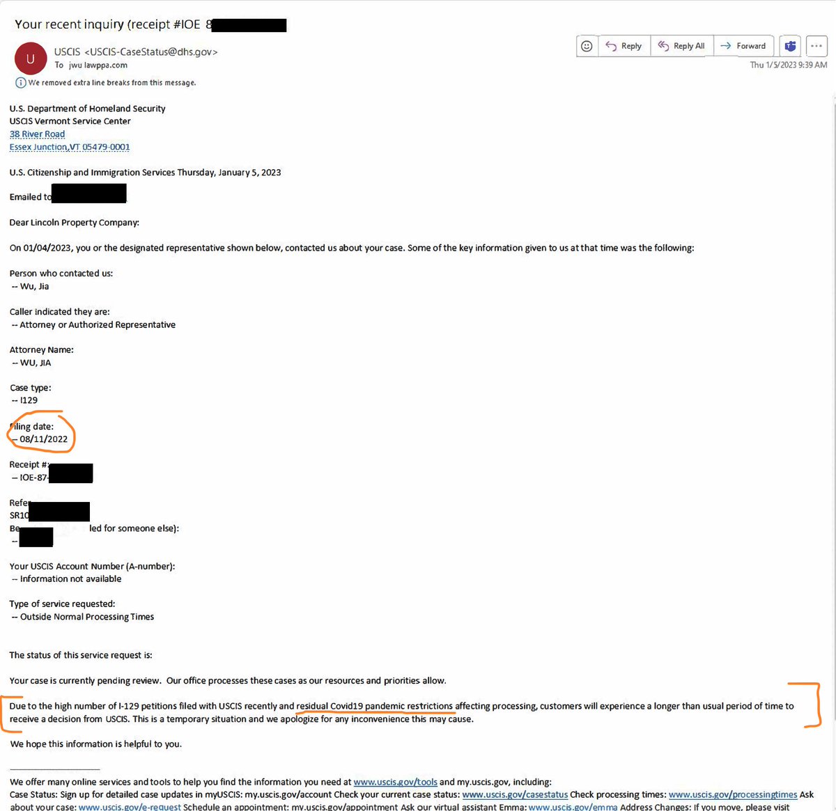 jayw_u's tweet photo. USCIS is blaming H-1B delays at the Vermont Service Center on "residual Covid19 pandemic restrictions". Interesting! We have extensions/transfers filed in June/July still pending. Posted time frame is 2.5 months. #h1bextension #h1b #hb1transfers #h1bdelay https://t.co/Py61NwtW5T