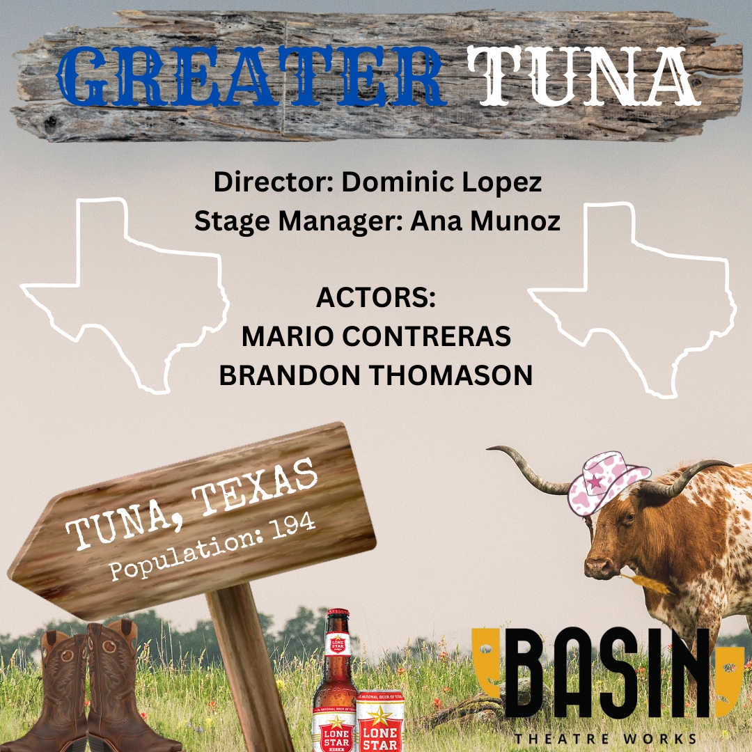 We are proud to announce the following talent will be involved in bringing "Greater Tuna" to Basin Theatre Works:
Director: Dominic Lopez
Stage Manager: Ana Munoz
Actors: Mario Contreras &amp; Brandon Thomason
#theatre #permianplayhouse #basintheatreworks #odessatx