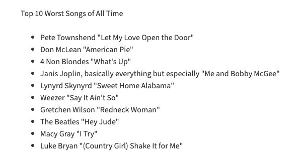 Tyler Mahan Coe On Twitter oh Look It s The Top 10 Worst Songs Of All Time 