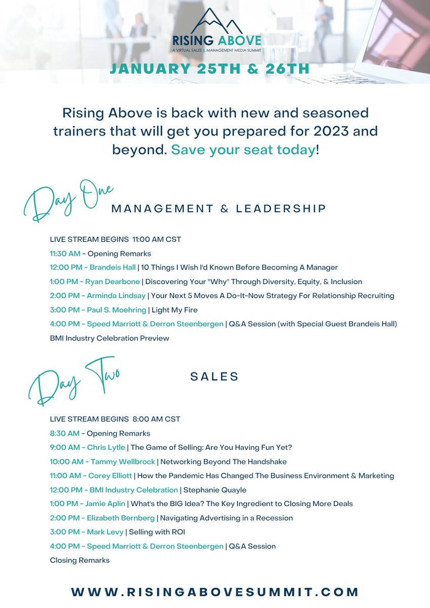 Save your seat for the Rising Above Sales &amp; Management Media Summit! This is great for management, sellers and other station staff. It takes place January 25-26. Register today: risingabovesummit.com (FREE for MBA Members)