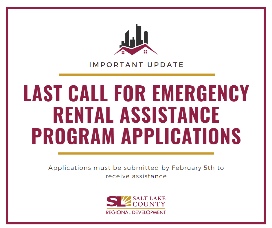 SLCoRegionalDev's tweet photo. The Department of Workforce Services has announced the Emergency Rental Assistance (ERA) Portal will stop accepting applications on February 5th, 2023

Click here for additional information and resources: https://t.co/fSQ8HFFw4D https://t.co/2TlrdyD11W