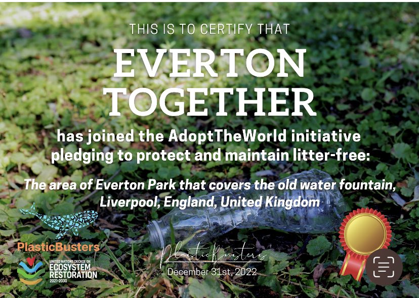 I have just pledged via the @plastic_busters  AdoptTheWorld initiative 
to maintain the area of Everton Park that is by the old water water fountain. (Thanks Vicky for the heads up) #adopttheworld  #plasticbusters