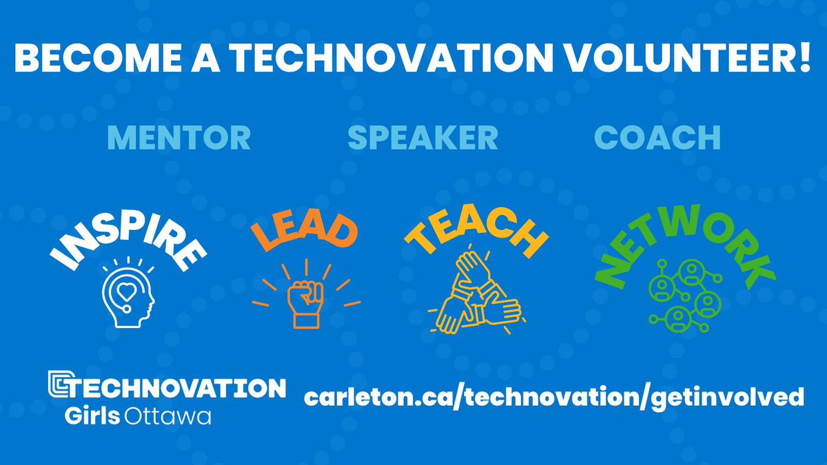 📣Calling all industry professionals📣 Become a volunteer with Technovation and have the chance to lead, inspire, network, and teach in the world's largest tech entrepreneurship competition for girls🌟 
Register here: carleton.ca/technovation/g…