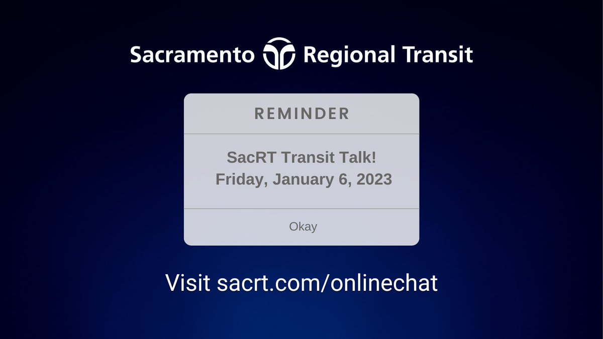 RideSacRT's tweet photo. SacRT's Transit Talk Online Chat with GM/CEO, Henry Li, will be held on Friday, January 6, 2023 from noon to 1 p.m.
Submit your questions starting at 10 a.m. to be answered during the chat. Participate online at https://t.co/HNTx6J0YLb. #GMChat #TransitTalk https://t.co/MCrIYErrkB