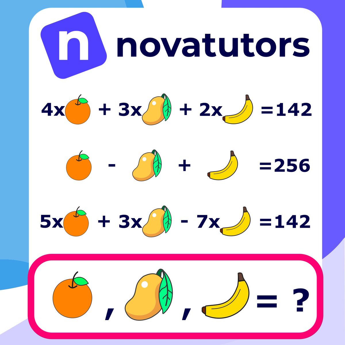NovaTutors's tweet photo. Are your maths skills in the top 5% of people? 🤔

Then comment your answer below! 😃

#novatutors #mathspuzzles #maths #tutoring
#education #teaching #learning #math #mathpuzzles https://t.co/7jE2CGrZhn